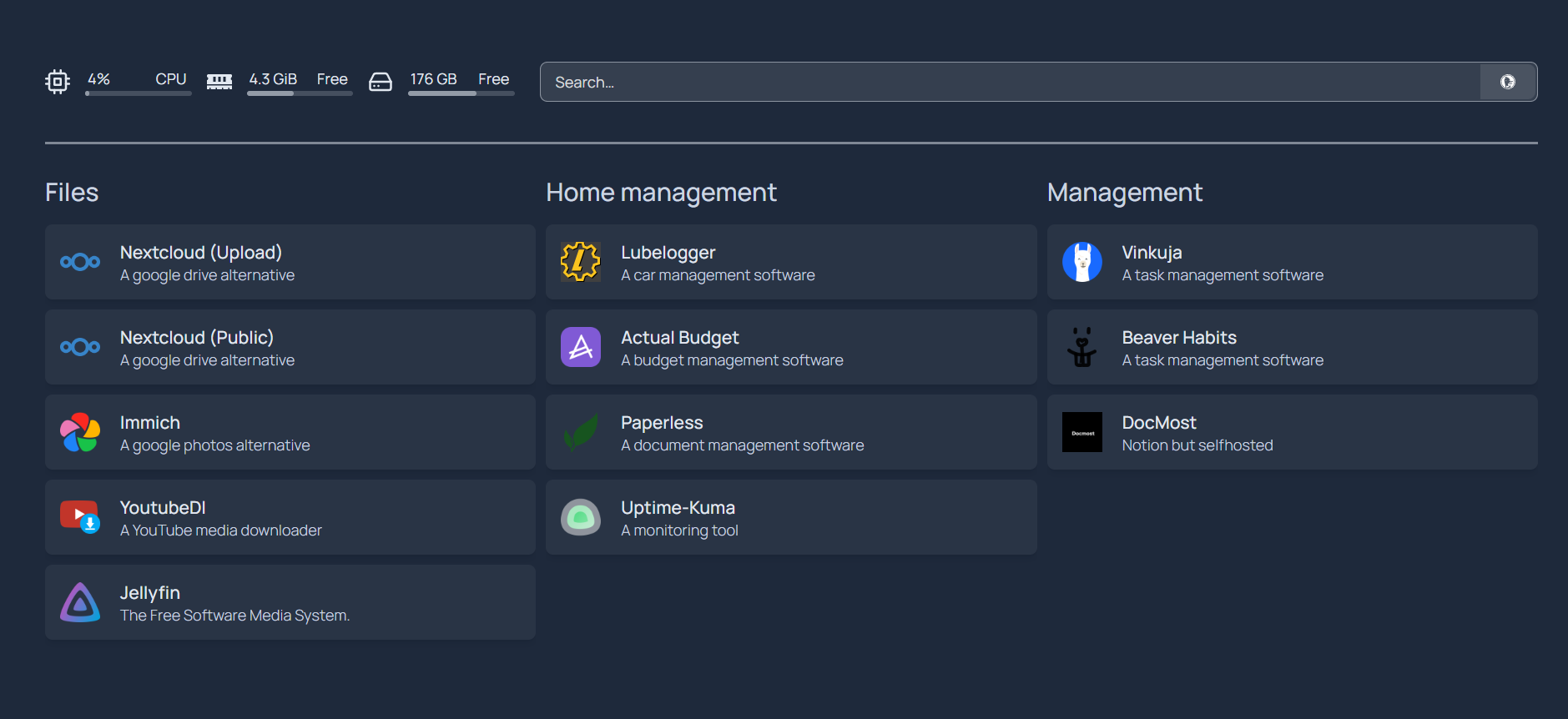 Dashboard de mes services selfhosted